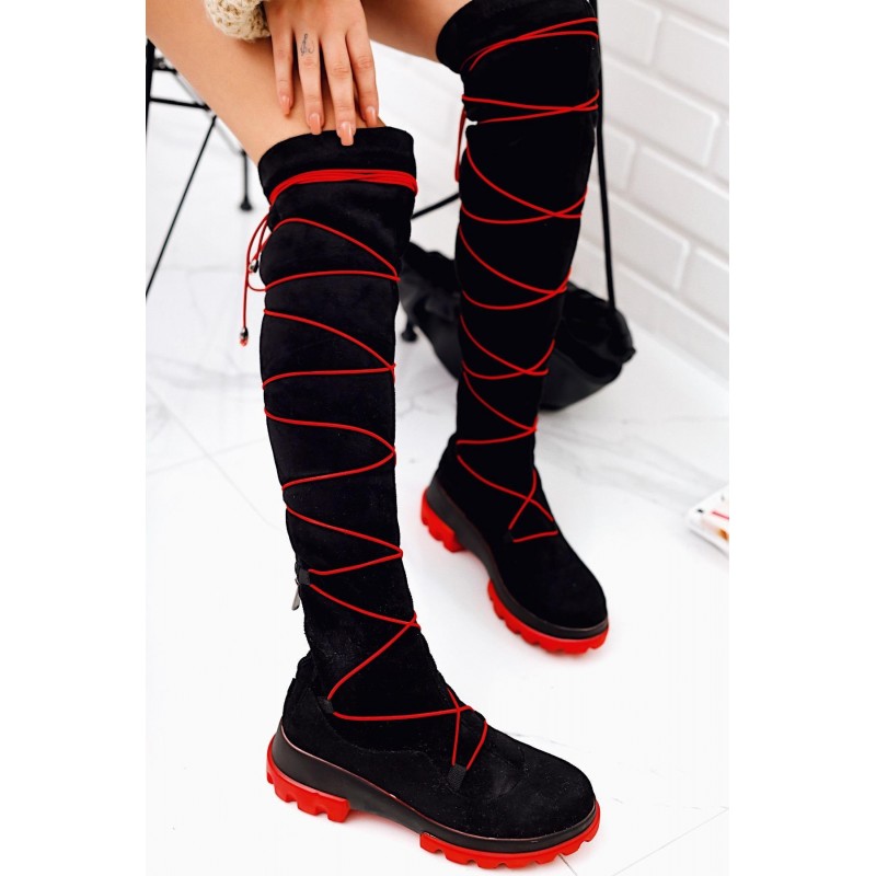 Anika Siyah Süet Kırrmızı Lastik Bağcıklı Düz Tabanlı Çorap Çizme
