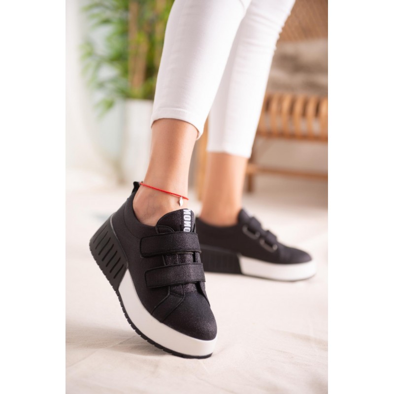 Julia Siyah Simli Çift Bantlı Yüksek Tabanlı Sneakers
